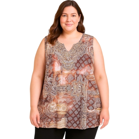 Catherines Tops - Catherines 3X Sleeveless Embellished Top Boho Baroque Paisley Gold Rhinestone